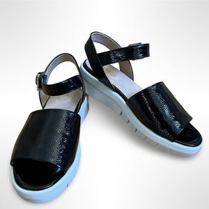 GEOX Wimbley Women's 8 Sandals Black Patent Leather Buckle White Rubber Sole‎